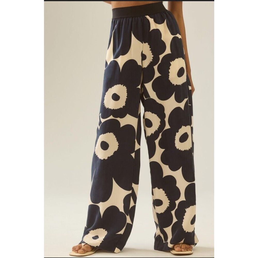 Anthropologie Black and Cream Floral Wide-Leg Pants